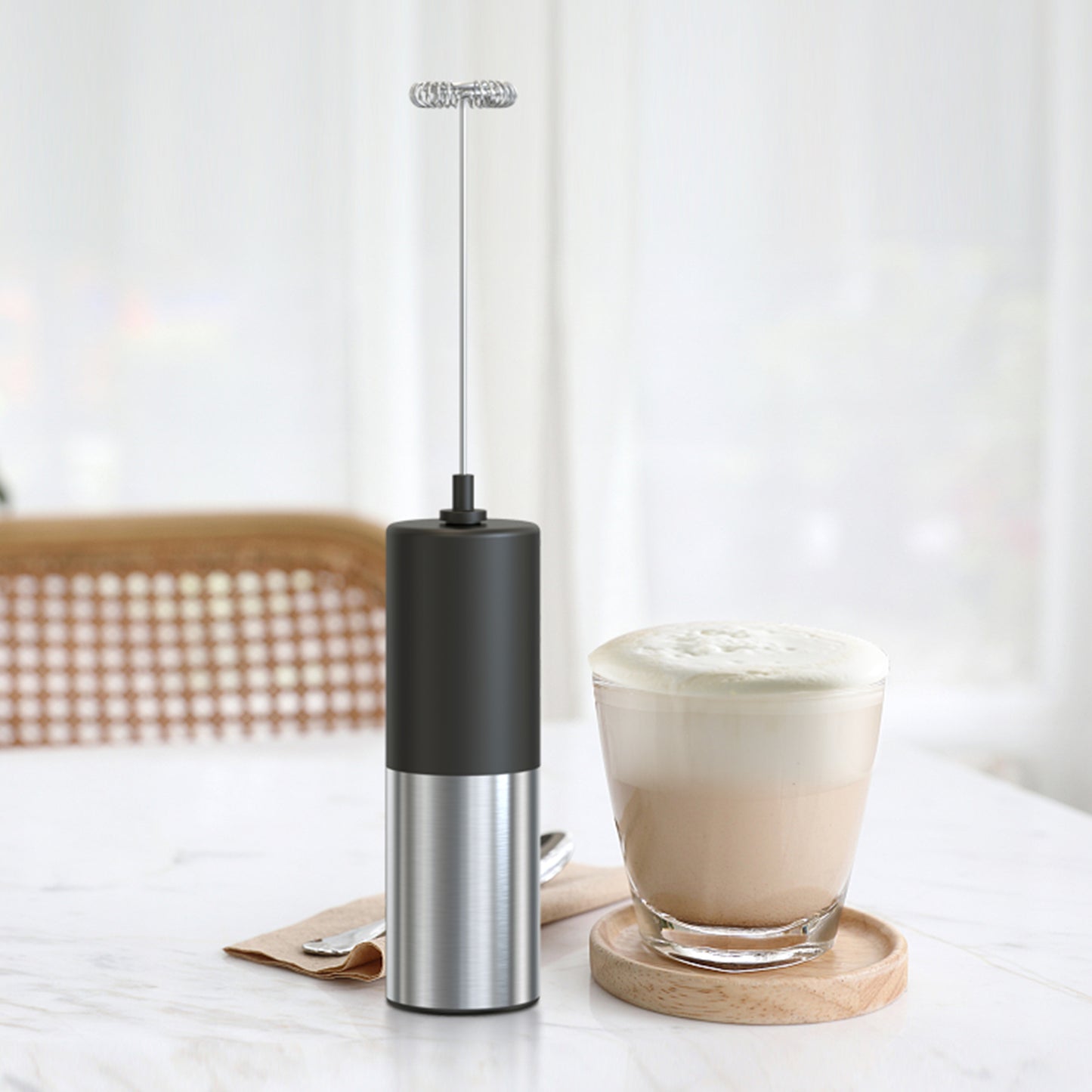 ANNIVERS Electric Milk Frother Handheld Drink Mixer Hand Coffee Whisk Blender Foam Maker Egg Beater, Battery Operated Stainless Steel Whisk & Body, Milkshake Matcha Whisk, Mousseur à lait électrique