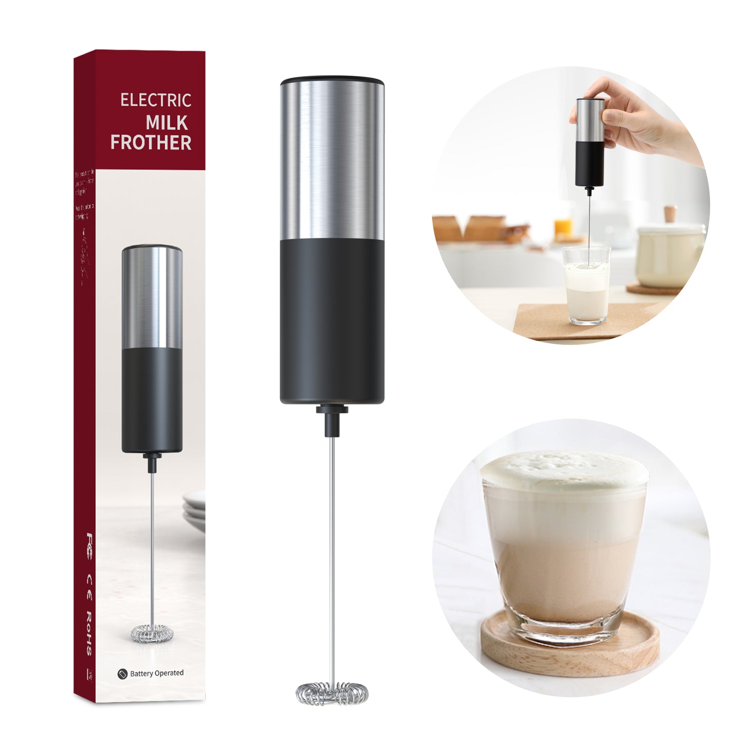 ANNIVERS Electric Milk Frother Handheld Drink Mixer Hand Coffee Whisk Blender Foam Maker Egg Beater, Battery Operated Stainless Steel Whisk & Body, Milkshake Matcha Whisk, Mousseur à lait électrique