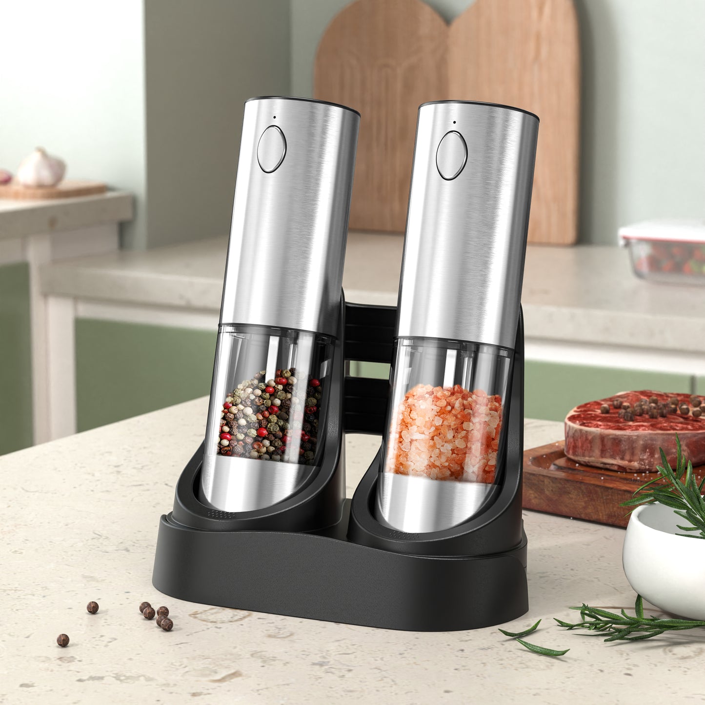 ANNIVERS Electric Pepper & Salt Grinder Set, Automatic Seasoning Mill, Type-C Rechargeable Coarseness Adjustable, with LED Light, 95ml Enlarged Silo & Washable Storage Base, Stainless Steel