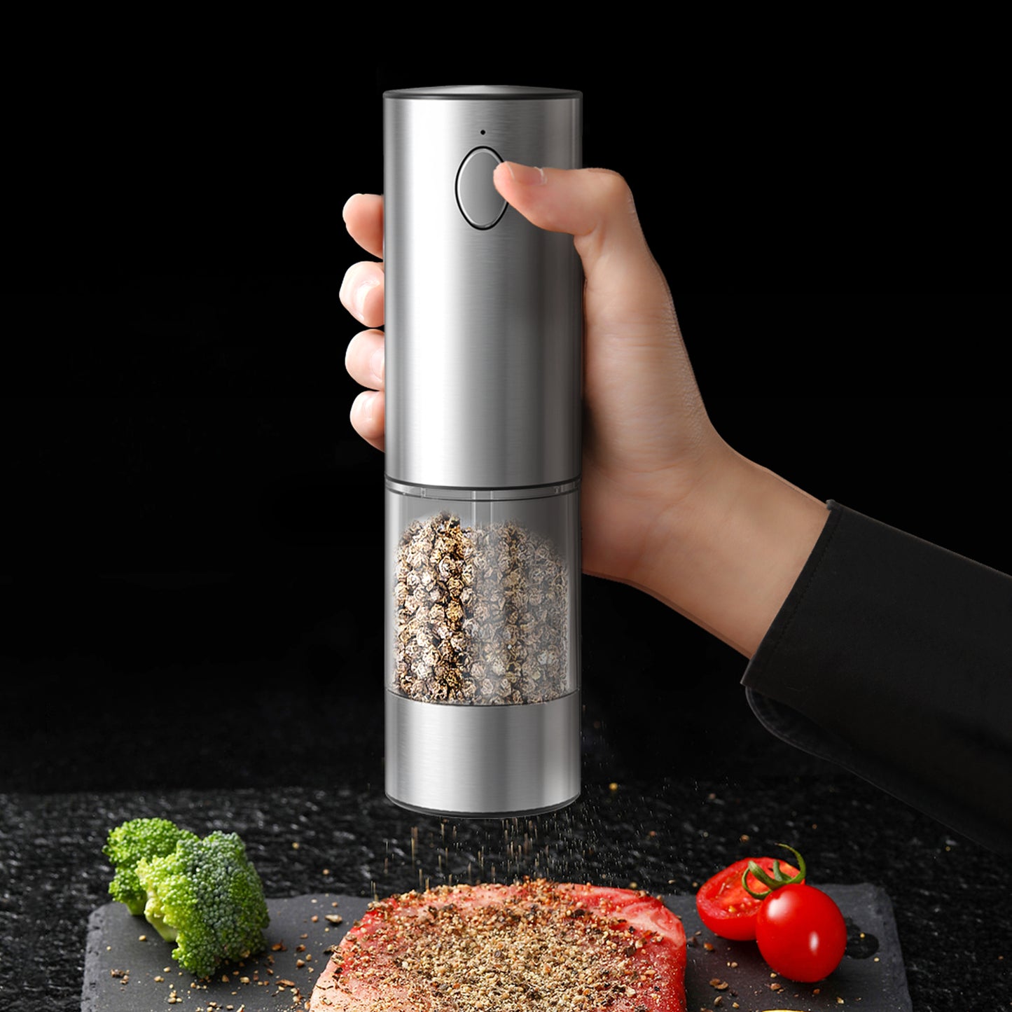 ANNIVERS Electric Pepper & Salt Grinder Set, Automatic Seasoning Mill, Type-C Rechargeable Coarseness Adjustable, with LED Light, 95ml Enlarged Silo & Washable Storage Base, Stainless Steel