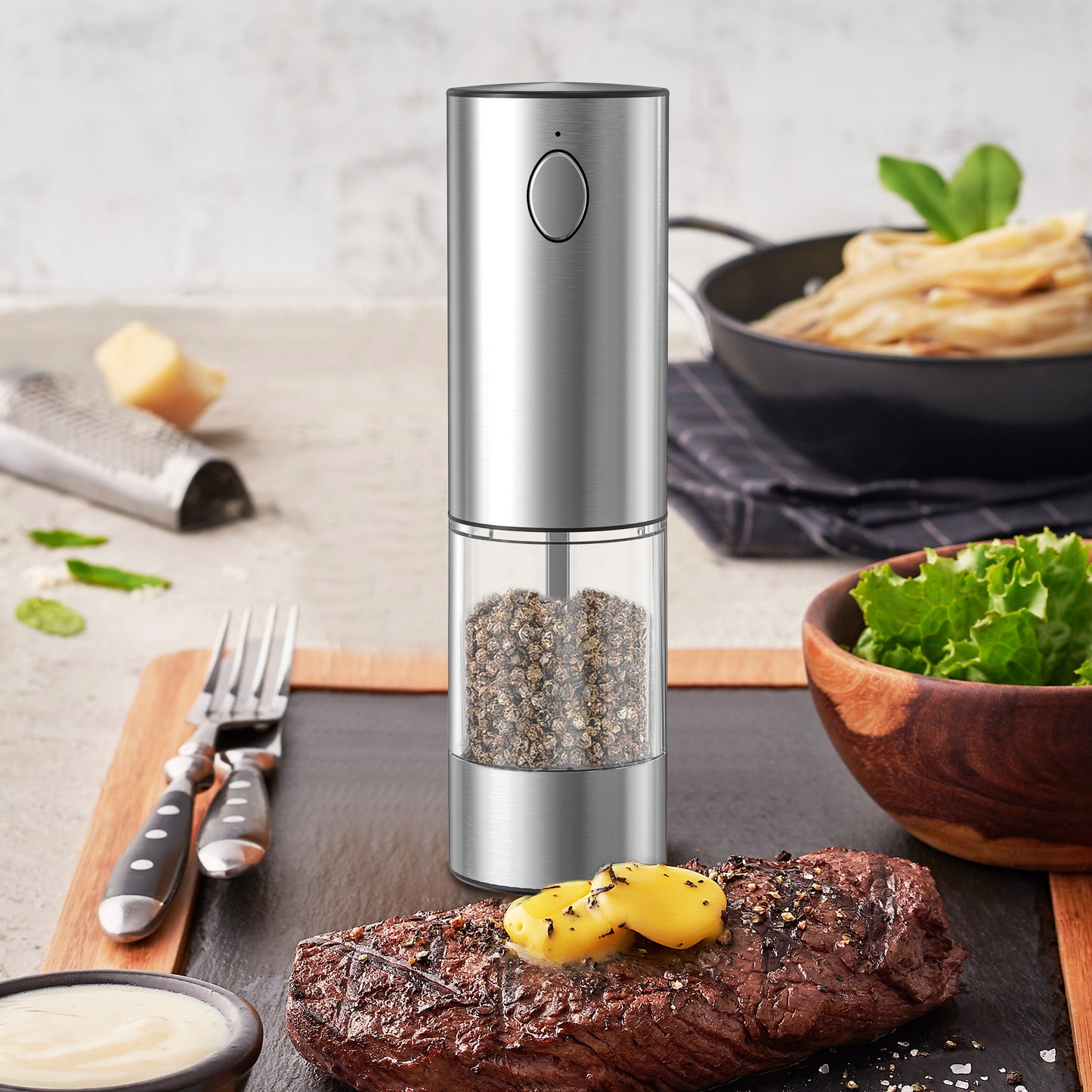 ANNIVERS Electric Pepper & Salt Grinder Set, Automatic Seasoning Mill, Type-C Rechargeable Coarseness Adjustable, with LED Light, 95ml Enlarged Silo & Washable Storage Base, Stainless Steel