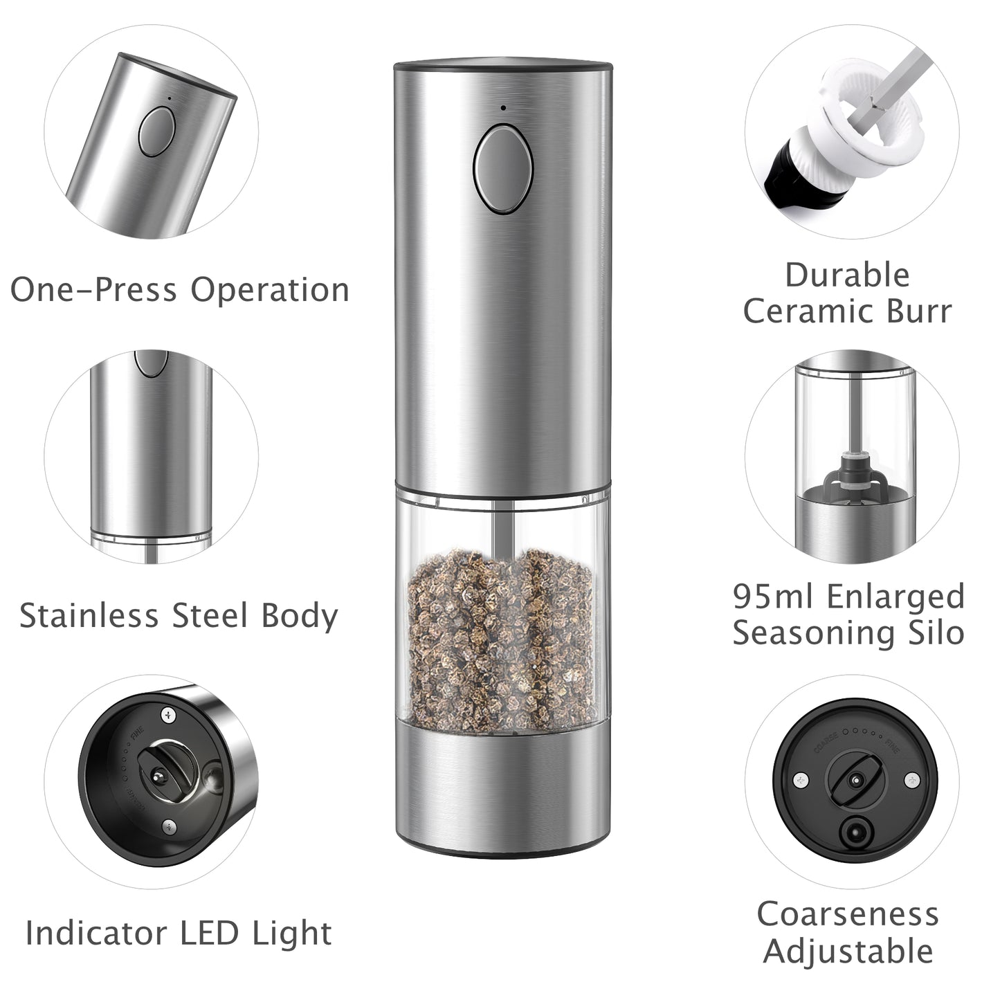 ANNIVERS Electric Pepper & Salt Grinder Set, Automatic Seasoning Mill, Type-C Rechargeable Coarseness Adjustable, with LED Light, 95ml Enlarged Silo & Washable Storage Base, Stainless Steel