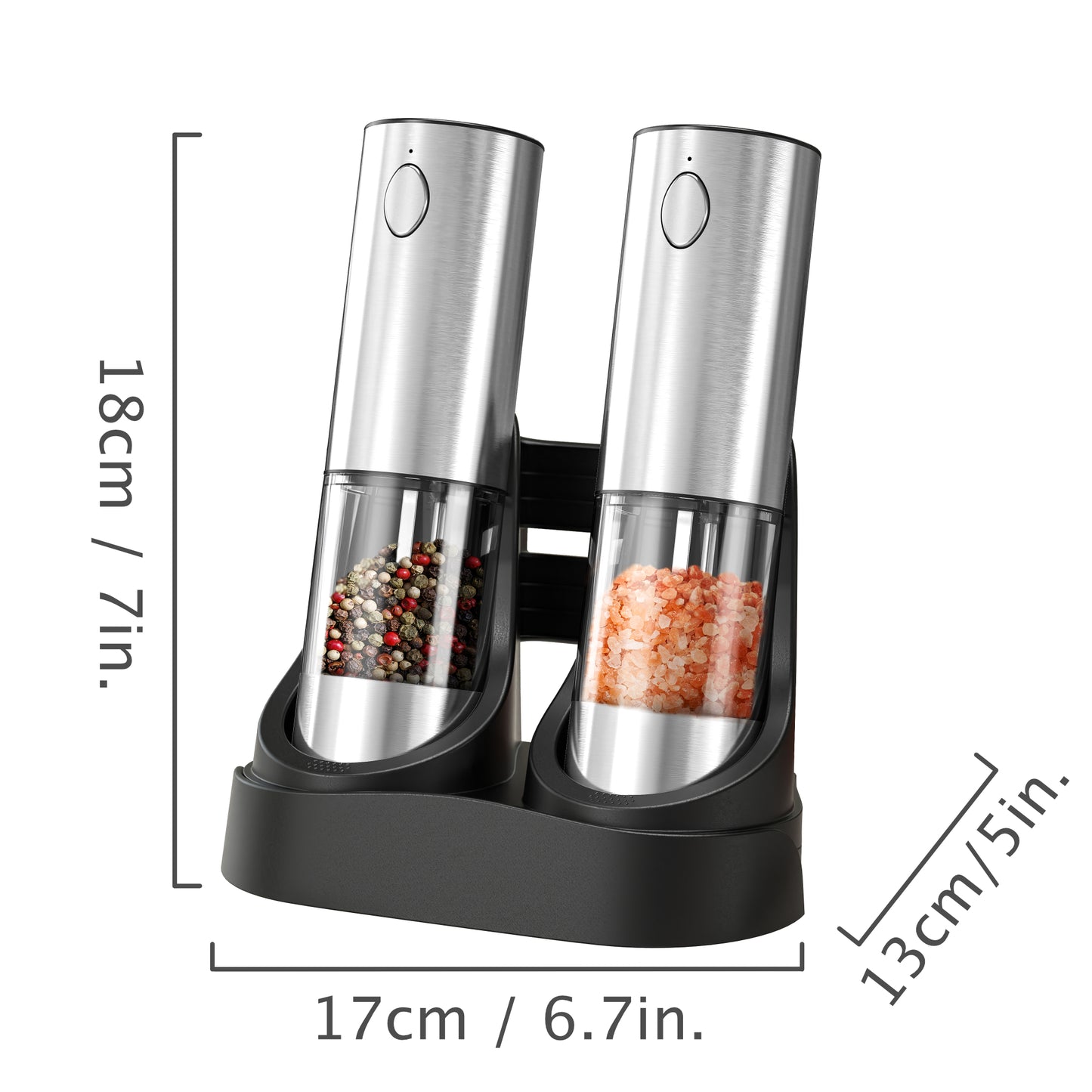 ANNIVERS Electric Pepper & Salt Grinder Set, Automatic Seasoning Mill, Type-C Rechargeable Coarseness Adjustable, with LED Light, 95ml Enlarged Silo & Washable Storage Base, Stainless Steel