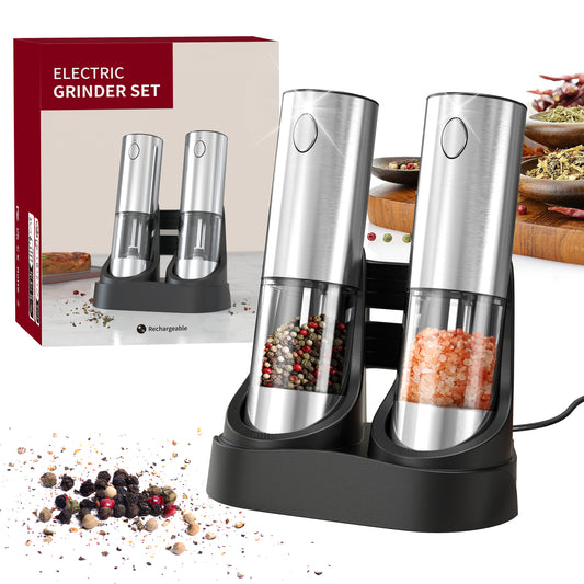 ANNIVERS Electric Pepper & Salt Grinder Set, Automatic Seasoning Mill, Type-C Rechargeable Coarseness Adjustable, with LED Light, 95ml Enlarged Silo & Washable Storage Base, Stainless Steel