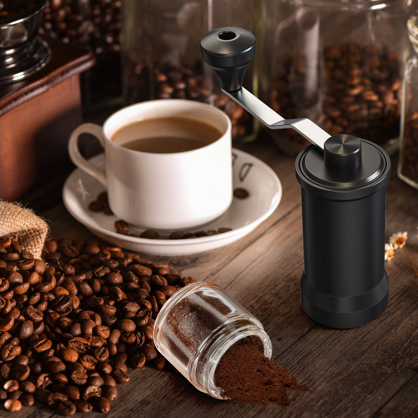 ANNIVERS Manual Coffee Grinder Hand Coffee Bean Grinder Burr Grinder, Adjustable Coarseness Ceramic Burr Glass Jar Stainless Steel Crank Brush, for Espresso French Press Drip, Moulin à Café Manuel