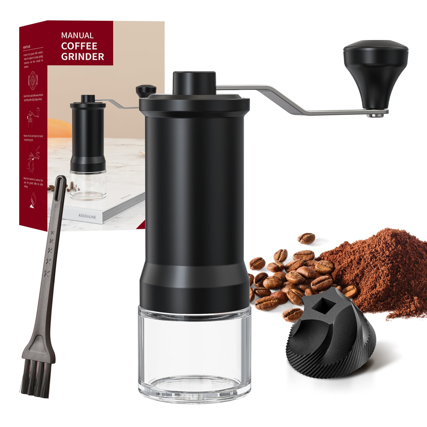 ANNIVERS Manual Coffee Grinder Hand Coffee Bean Grinder Burr Grinder, Adjustable Coarseness Ceramic Burr Glass Jar Stainless Steel Crank Brush, for Espresso French Press Drip, Moulin à Café Manuel